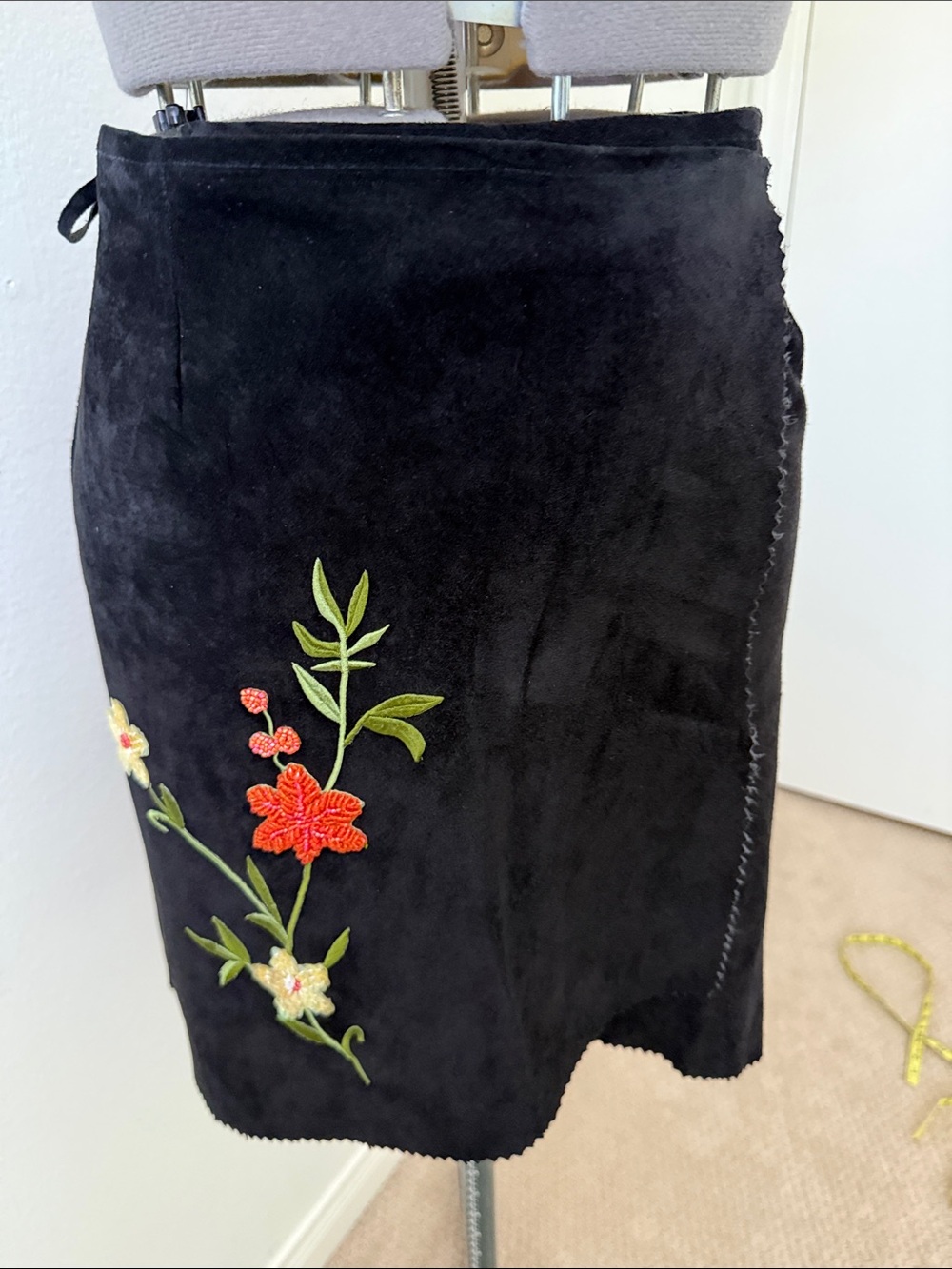 Black Suede Wrap Skirt with Floral Beaded Embroidery